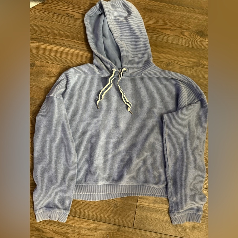 Aerie Waffle-Knit Hoodie | Light Blue Ribbed Pullover | Size Large